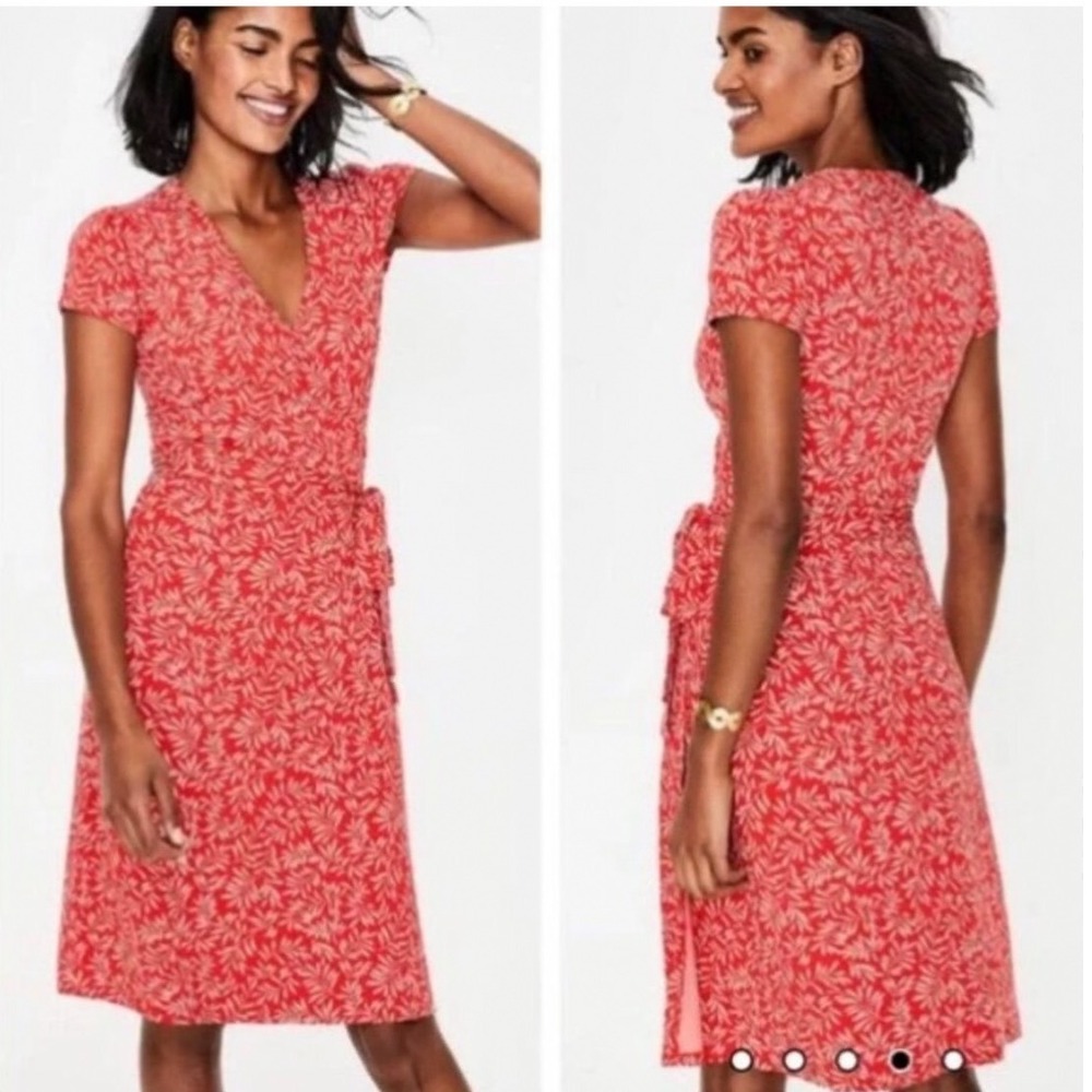 Boden Orange Leaf Print Jersey Wrap Midi Dress Sz 10R Short Sleeve